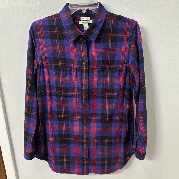 LL Bean Women's Plaid Flannel Shirt, Tunic Length Size Small Blue/Black/Red - Picture 1 of 9